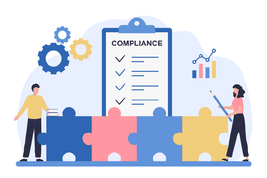 compliance written on a clipboard with two figures next to puzzle pieces